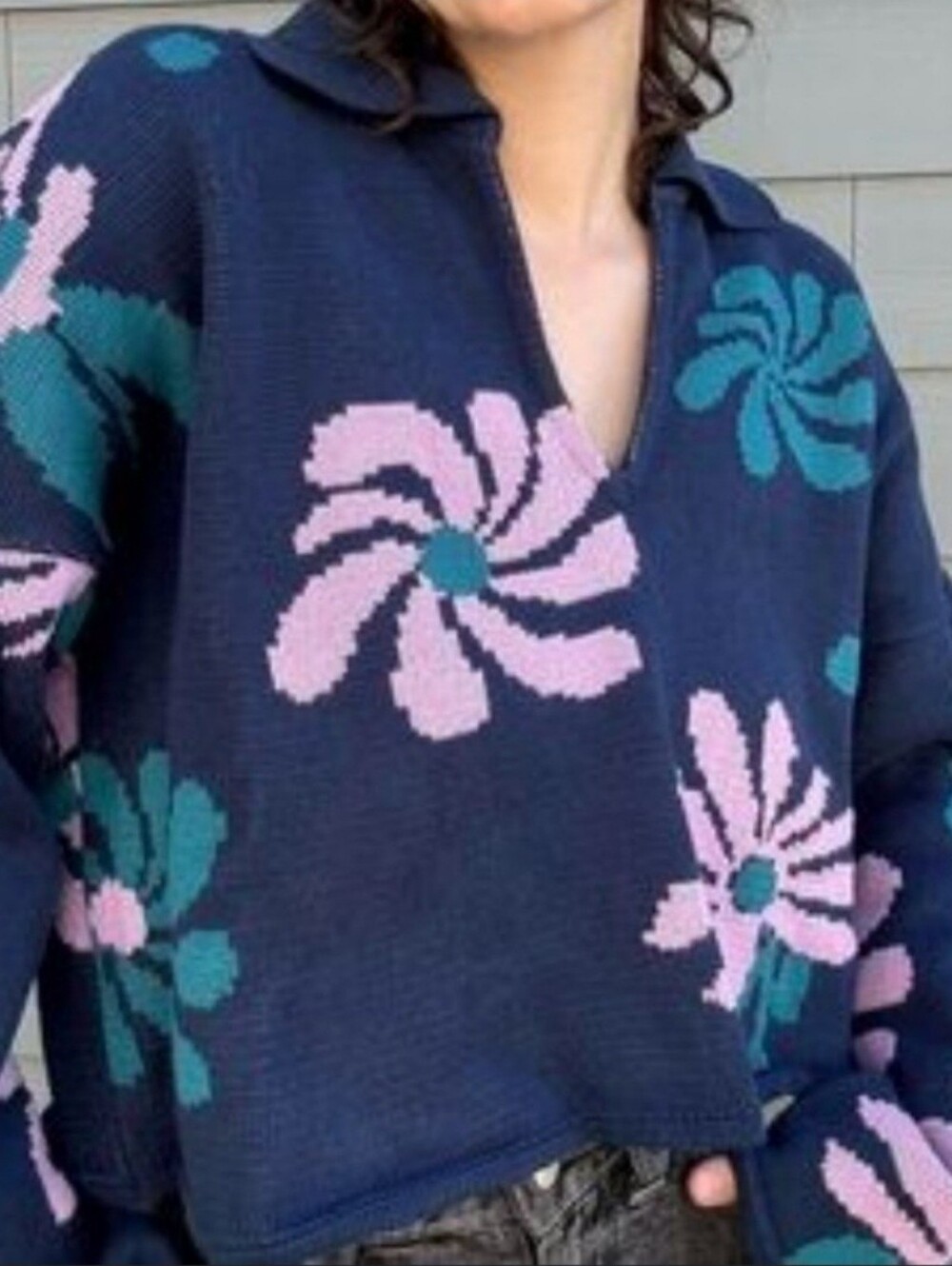 For Days Floral Vneck Cropped Floral 100% Organic Cotton Oversized Sweater XS